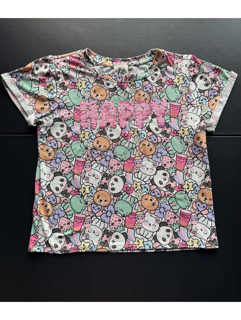 Lily Bleu Girls Size 14 Kawaii Happy Flip Sequin Shirt Animal Graphic Tee